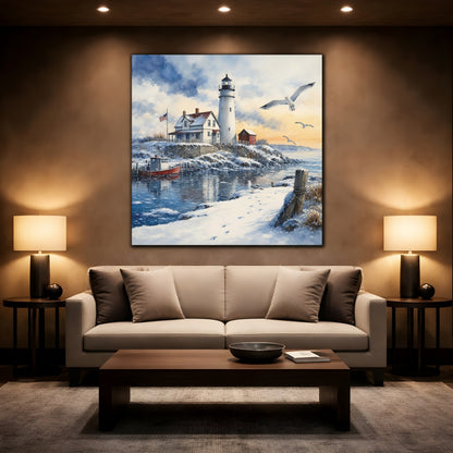 Mockup 2. Nature Lighthouse Snowy Lighthouse shown as stretched canvas wall art