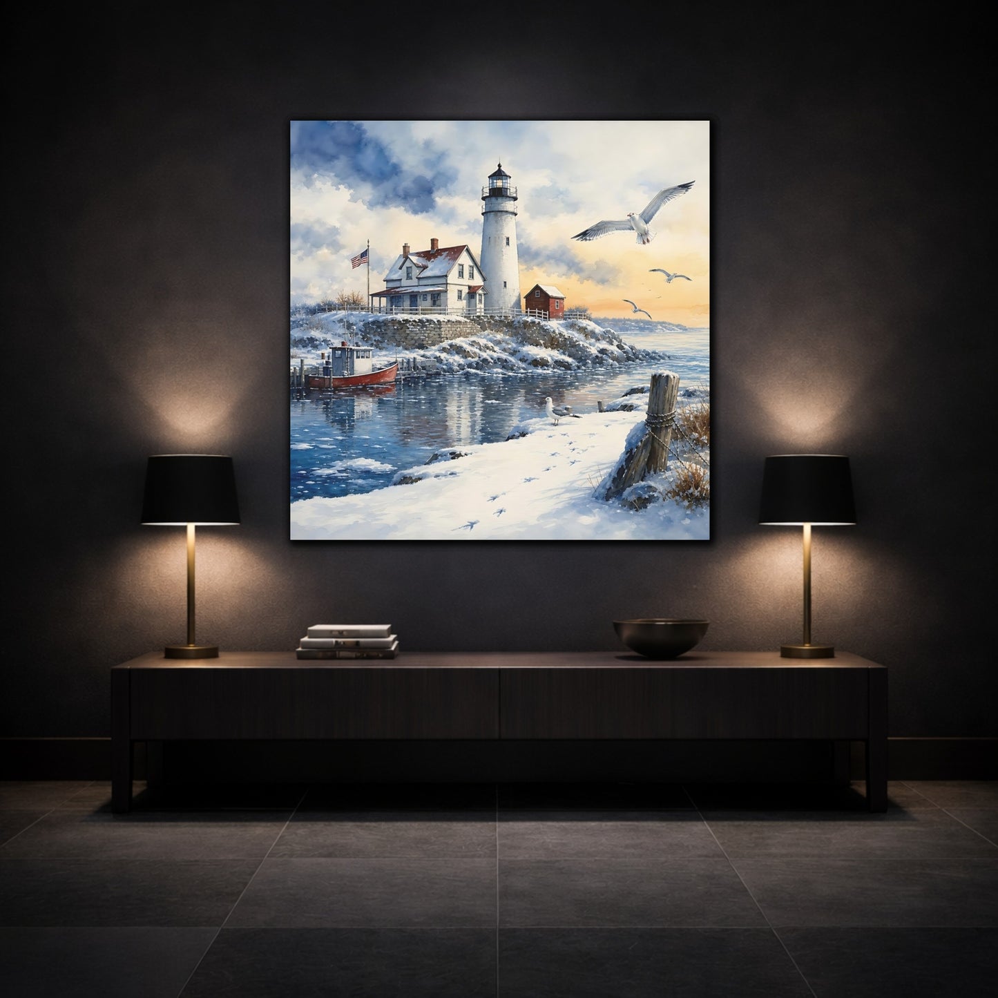Mockup 3. Nature Lighthouse Snowy Lighthouse shown as stretched canvas wall art