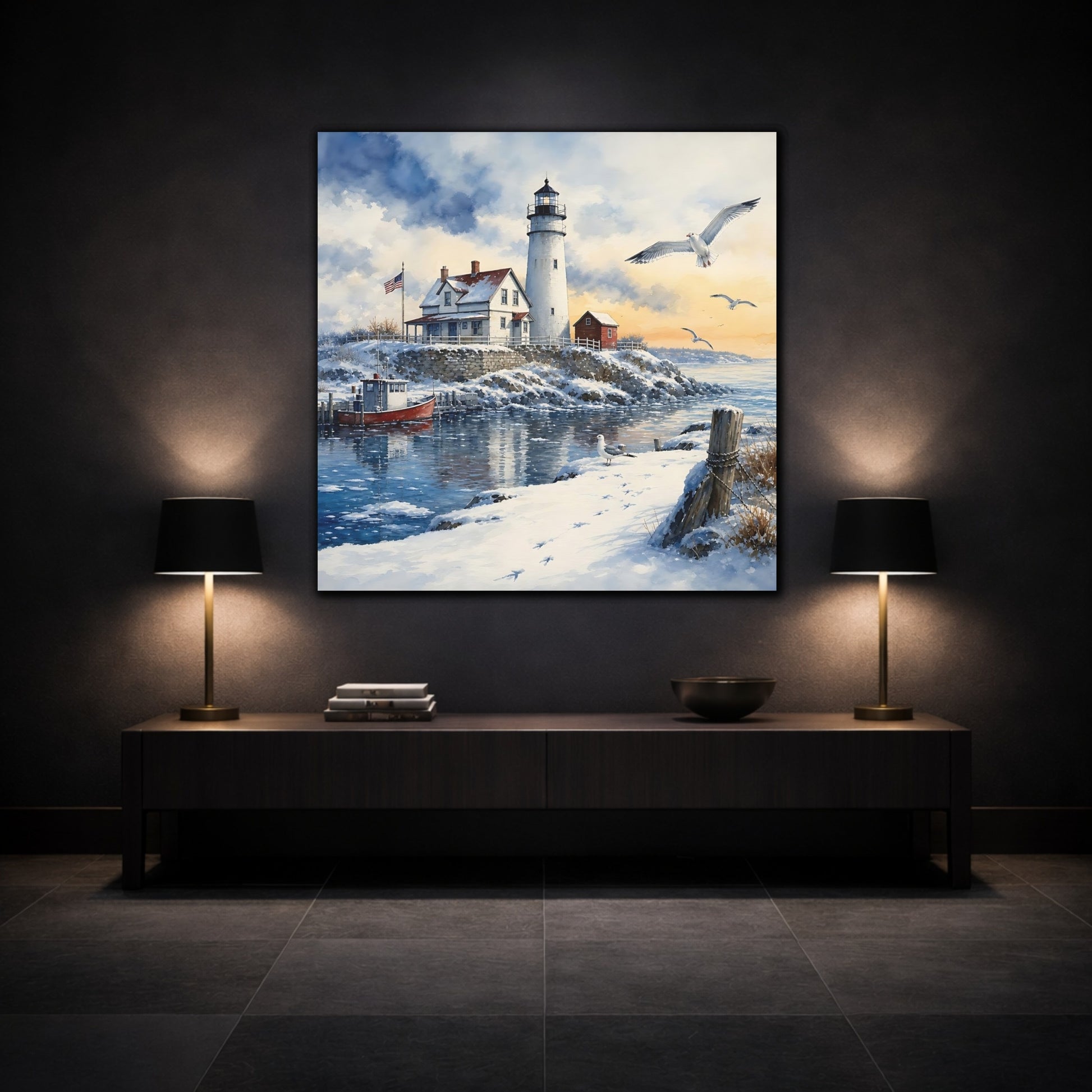 Mockup 3. Nature Lighthouse Snowy Lighthouse shown as stretched canvas wall art