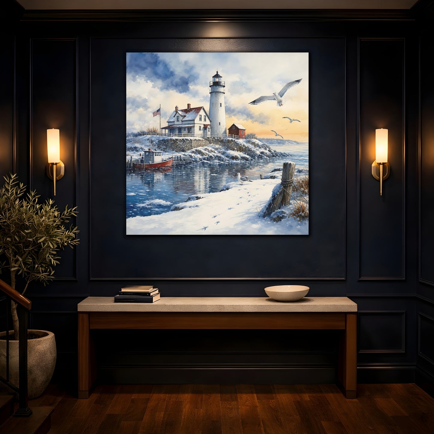 Mockup 4. Nature Lighthouse Snowy Lighthouse shown as stretched canvas wall art