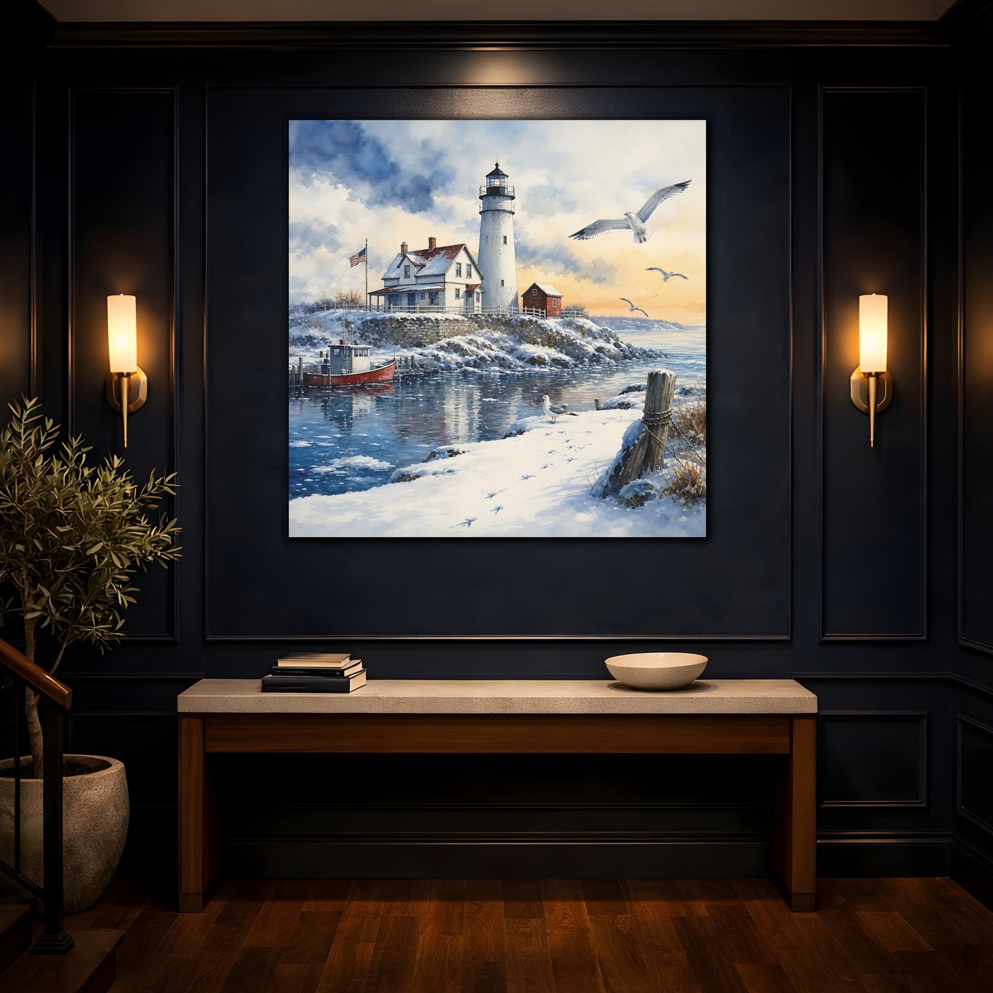 Mockup 4. Nature Lighthouse Snowy Lighthouse shown as stretched canvas wall art