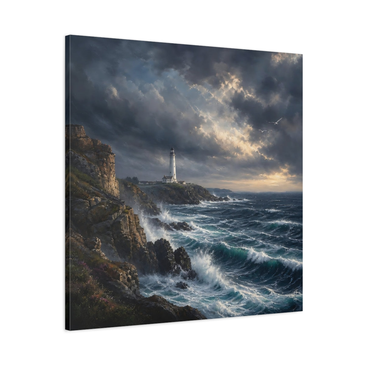 Main Mockup. Nature Lighthouse Stormy Coastal shown as stretched canvas wall art