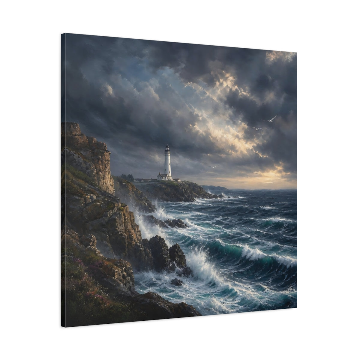 Side Mockup 1. Nature Lighthouse Stormy Coastal shown as stretched canvas wall art
