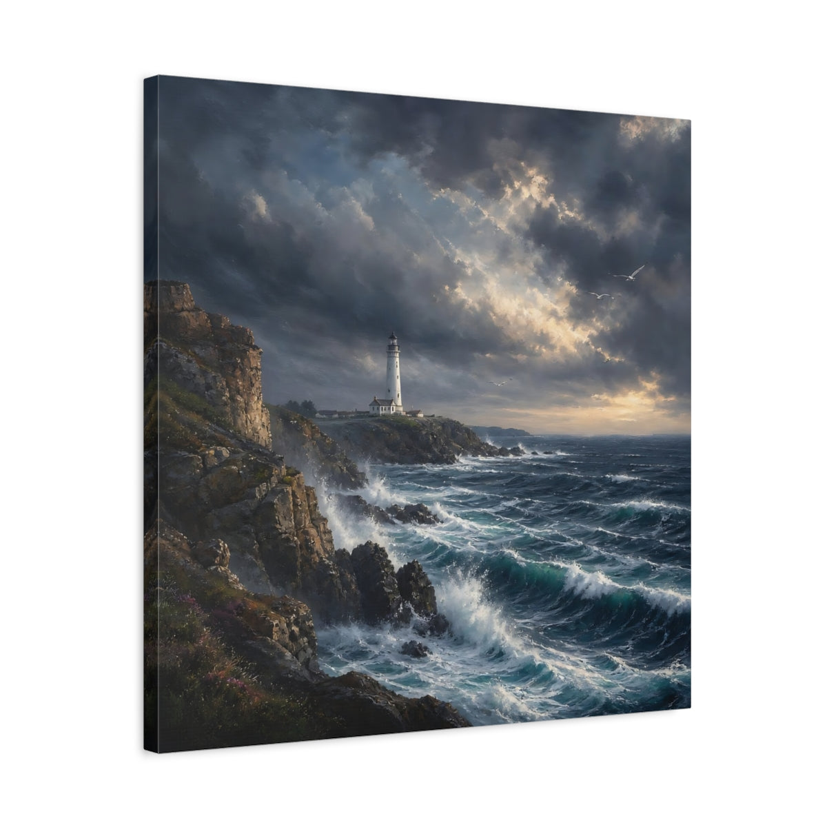 Side Mockup 4. Nature Lighthouse Stormy Coastal shown as stretched canvas wall art