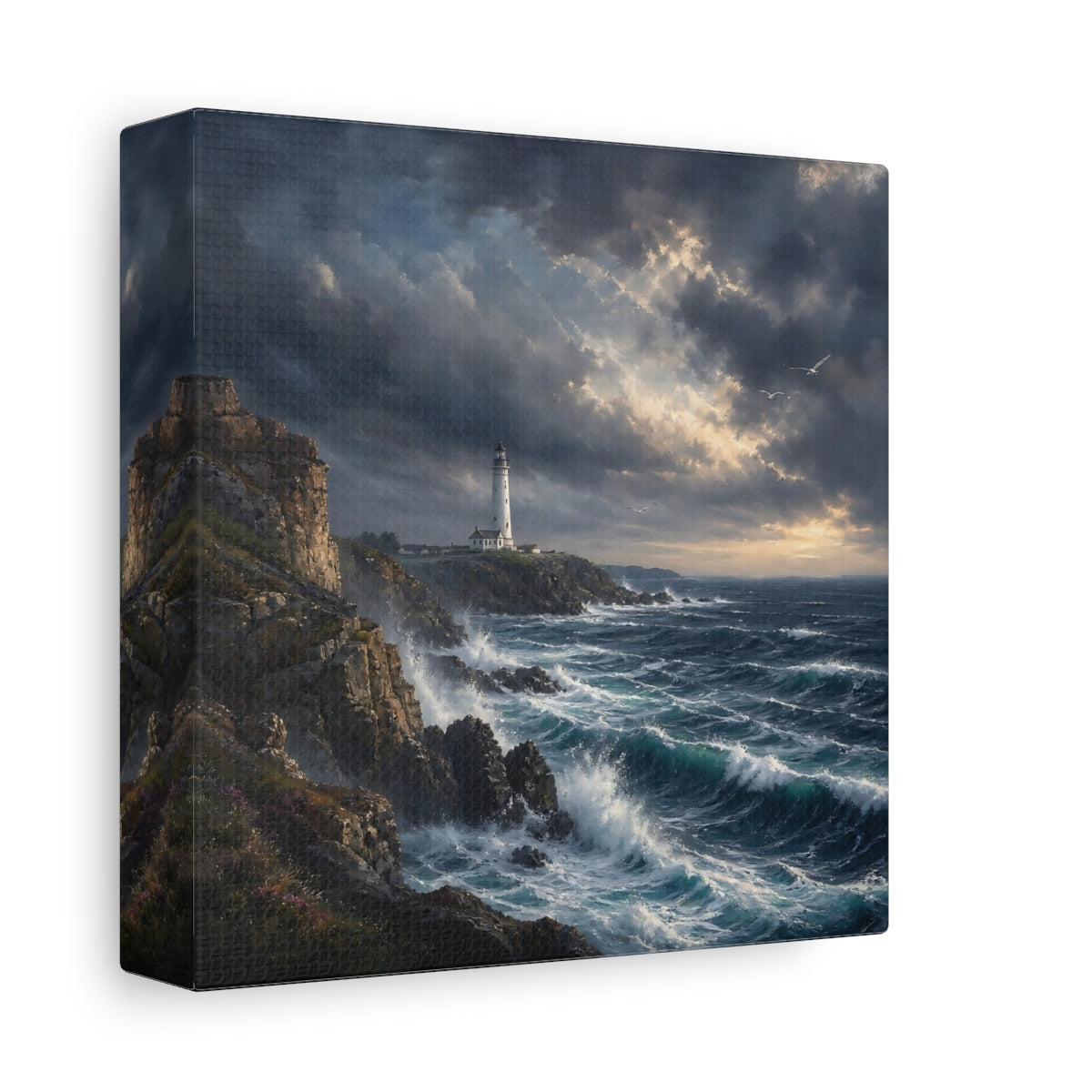 Side Mockup 2. Nature Lighthouse Stormy Coastal shown as stretched canvas wall art