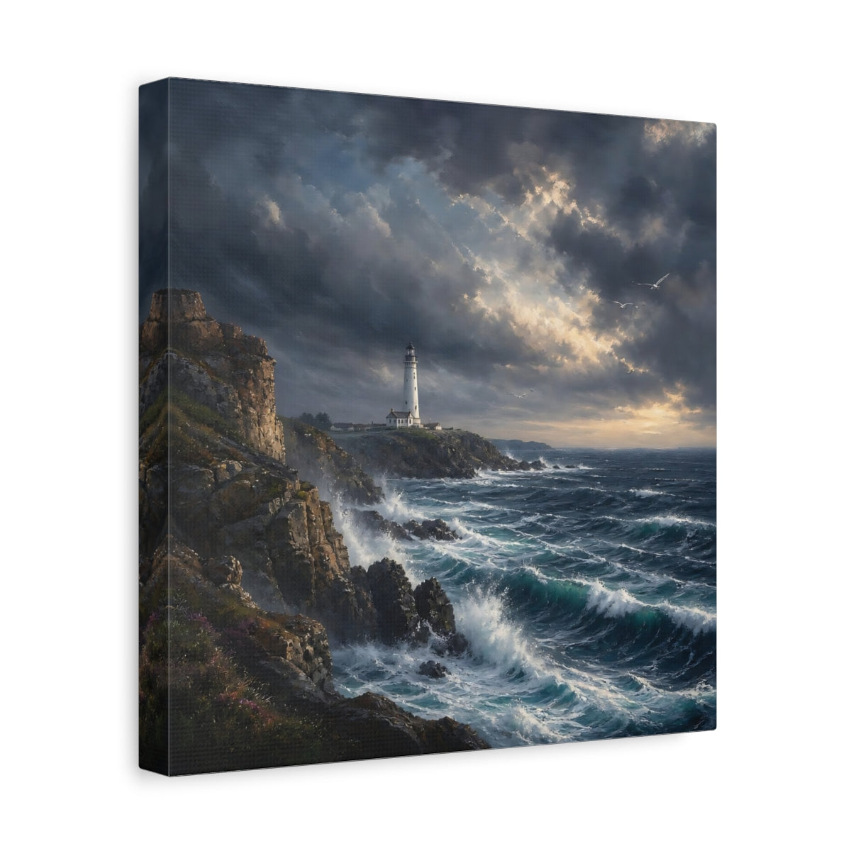 Side Mockup 8. Nature Lighthouse Stormy Coastal shown as stretched canvas wall art