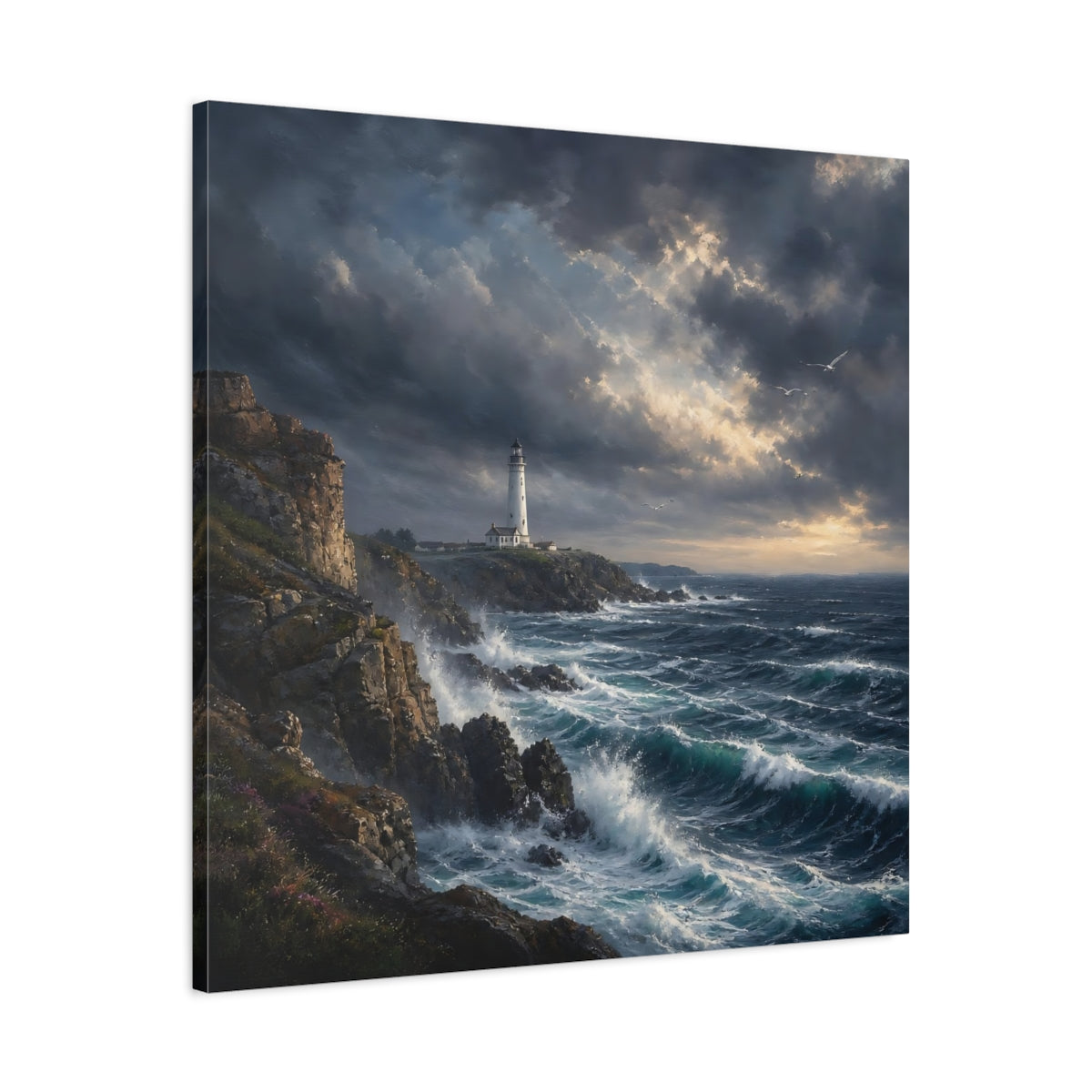 Side Mockup 3. Nature Lighthouse Stormy Coastal shown as stretched canvas wall art