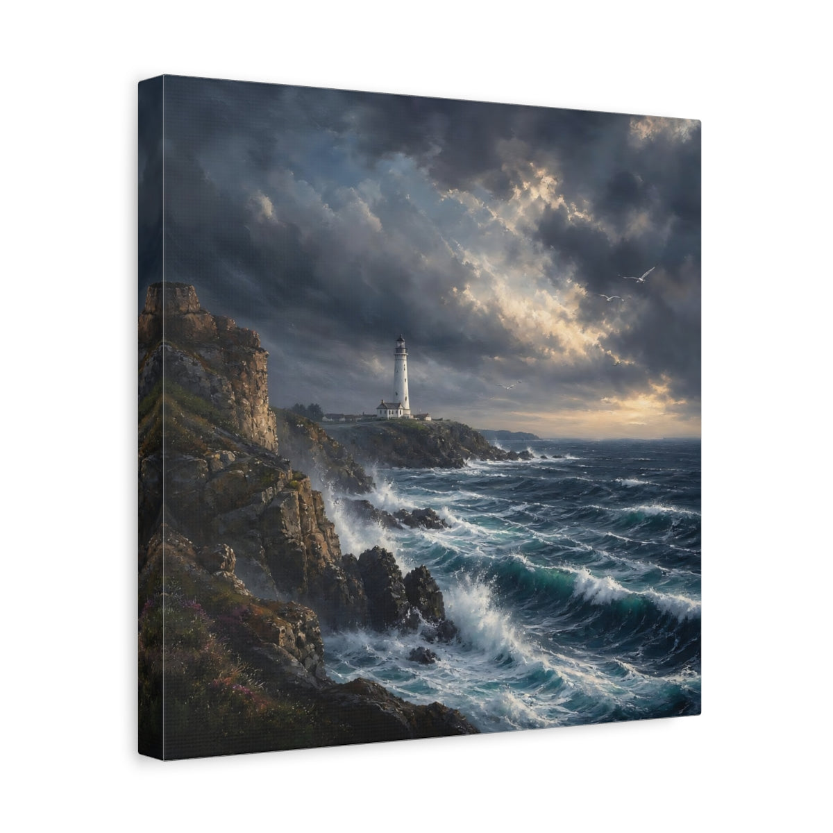 Side Mockup 7. Nature Lighthouse Stormy Coastal shown as stretched canvas wall art