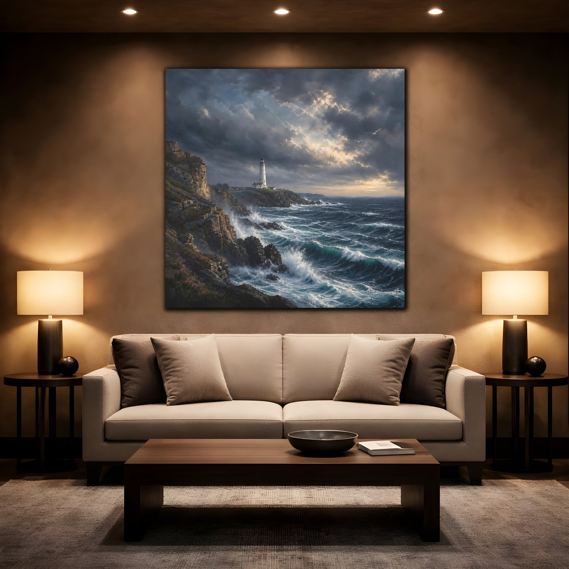 Mockup 2. Nature Lighthouse Stormy Coastal shown as stretched canvas wall art