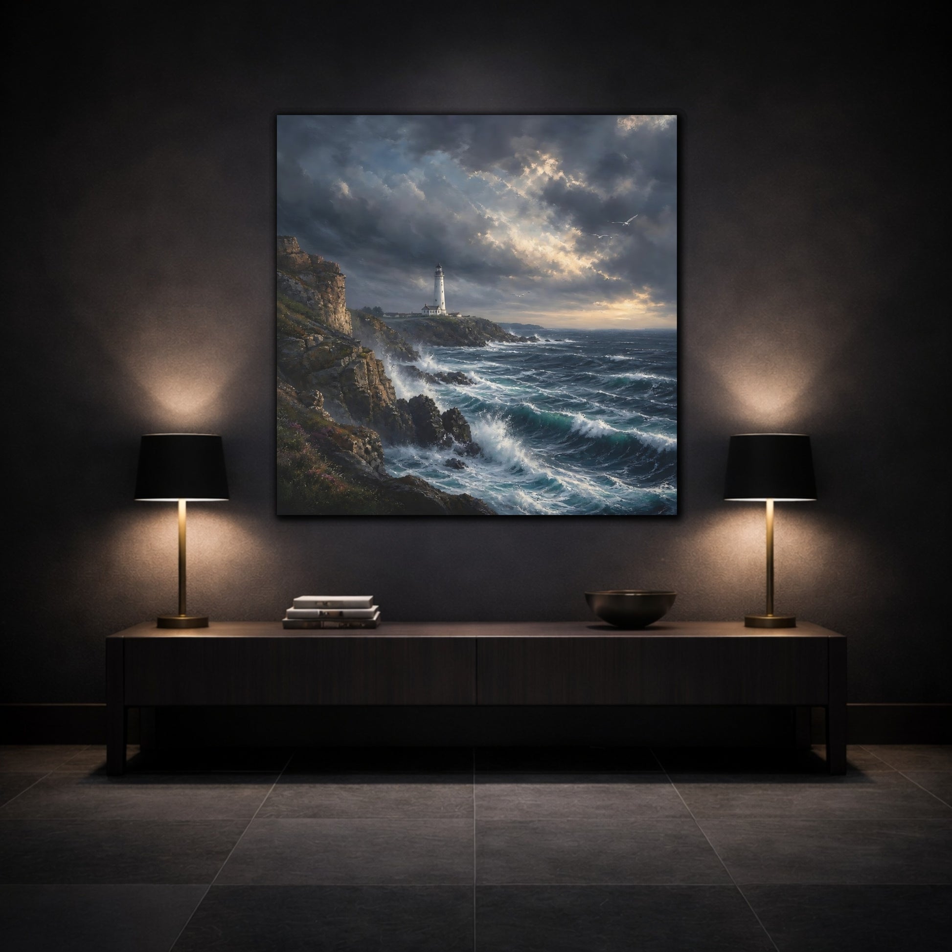 Mockup 3. Nature Lighthouse Stormy Coastal shown as stretched canvas wall art