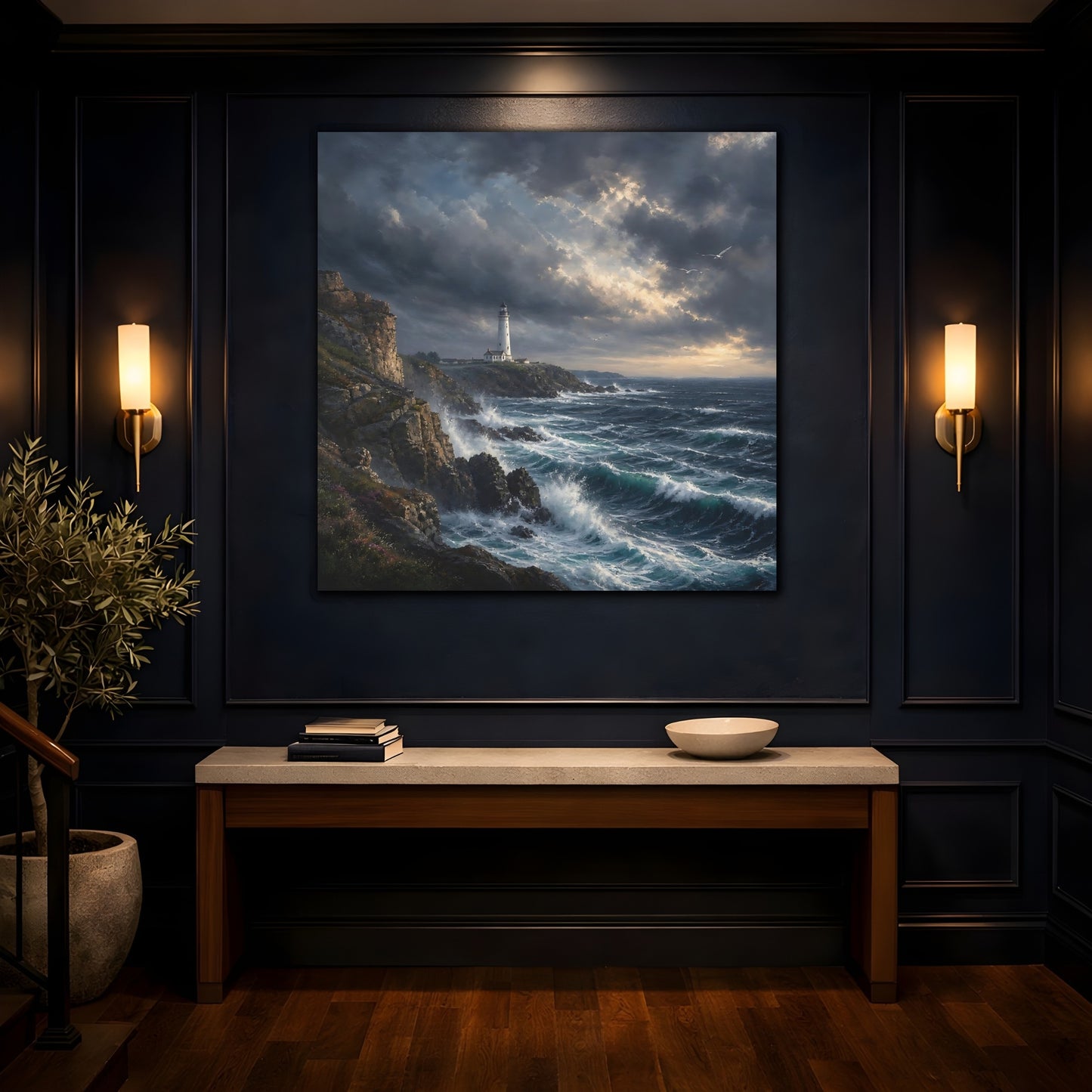 Mockup 4. Nature Lighthouse Stormy Coastal shown as stretched canvas wall art