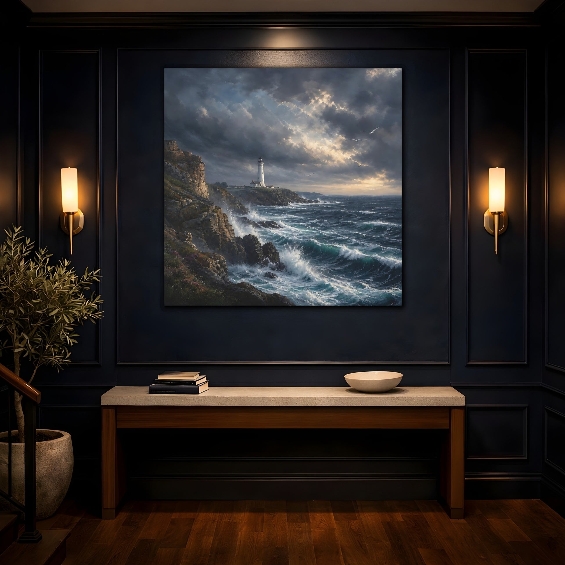 Mockup 4. Nature Lighthouse Stormy Coastal shown as stretched canvas wall art