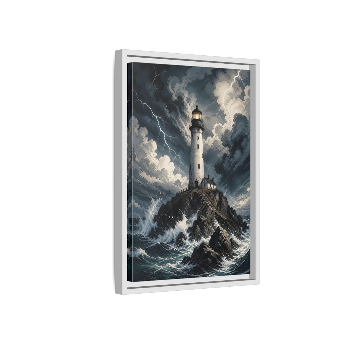 Nature Lighthouse Stormy Framed Canvas Wall Art - Illustrative Decor for Living Room, Above Console Table shown as canvas wall art