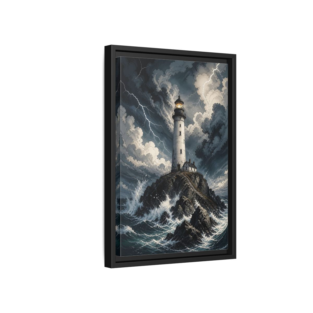 Nature Lighthouse Stormy Framed Canvas Wall Art - Illustrative Decor for Living Room, Above Console Table shown as canvas wall art