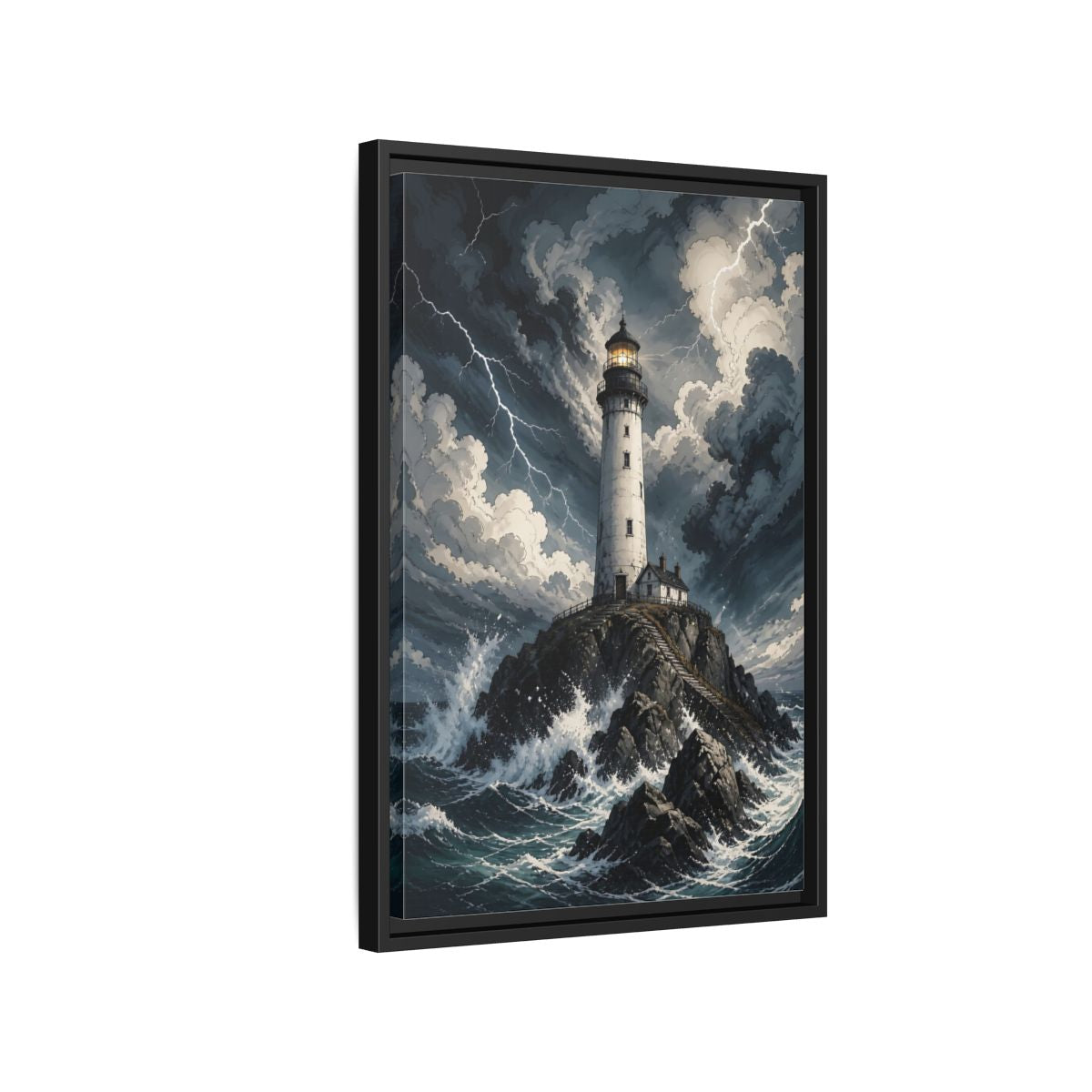 Nature Lighthouse Stormy Framed Canvas Wall Art - Illustrative Decor for Living Room, Above Console Table shown as canvas wall art