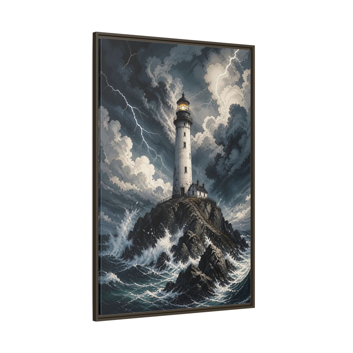 Nature Lighthouse Stormy Framed Canvas Wall Art - Illustrative Decor for Living Room, Above Console Table shown as canvas wall art