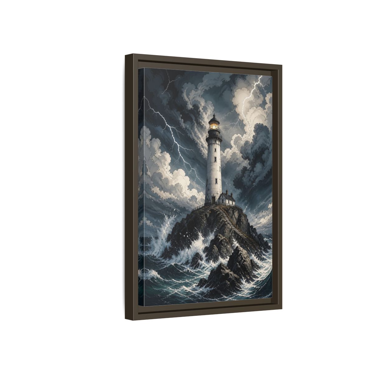 Nature Lighthouse Stormy Framed Canvas Wall Art - Illustrative Decor for Living Room, Above Console Table shown as canvas wall art