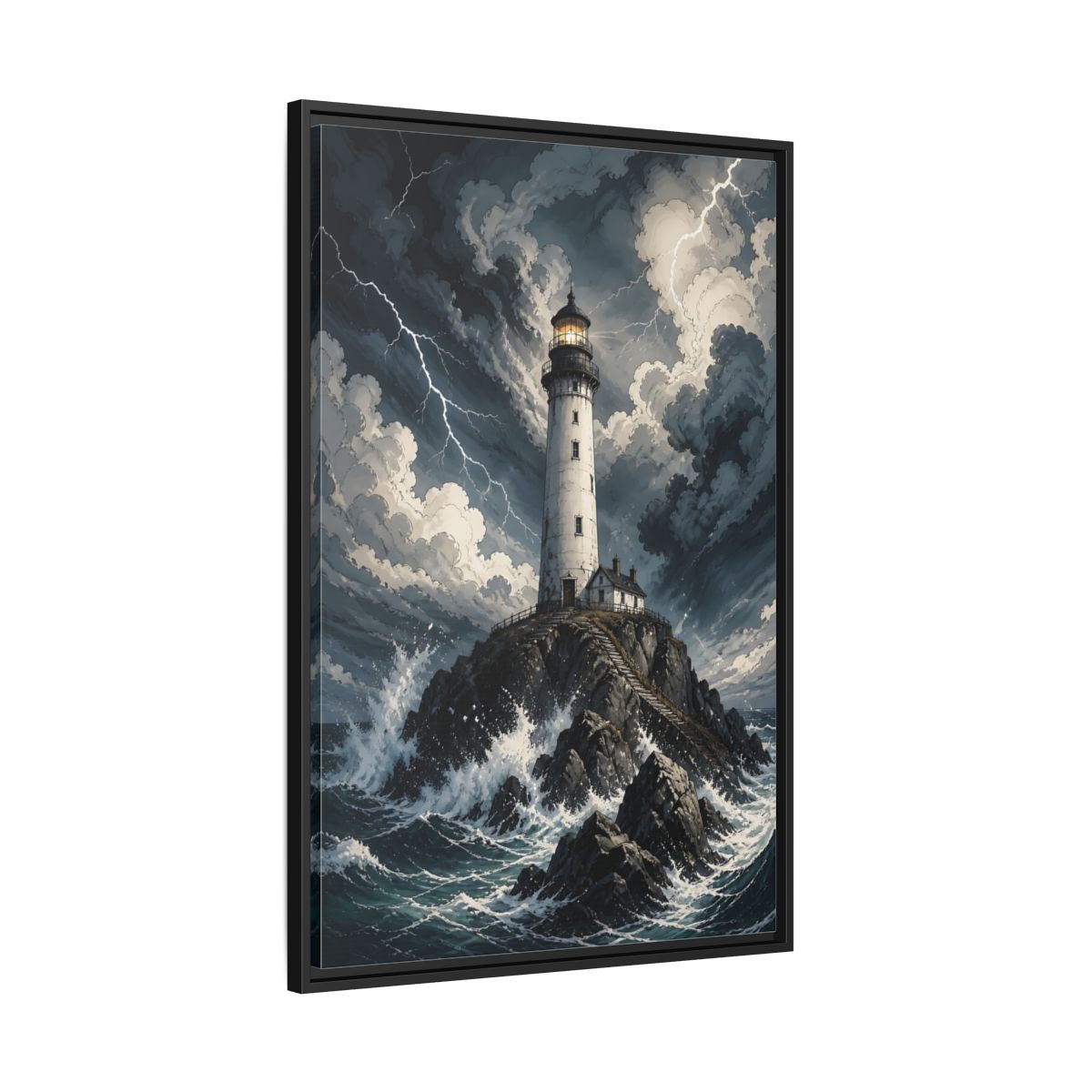 Nature Lighthouse Stormy Framed Canvas Wall Art - Illustrative Decor for Living Room, Above Console Table shown as canvas wall art
