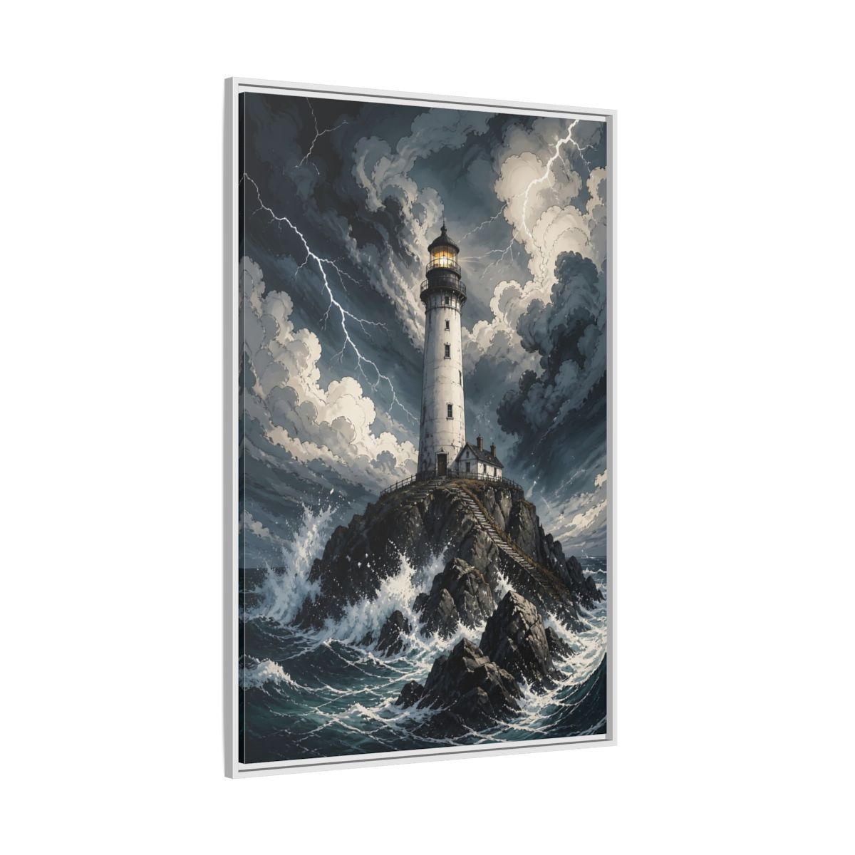 Nature Lighthouse Stormy Framed Canvas Wall Art - Illustrative Decor for Living Room, Above Console Table shown as canvas wall art