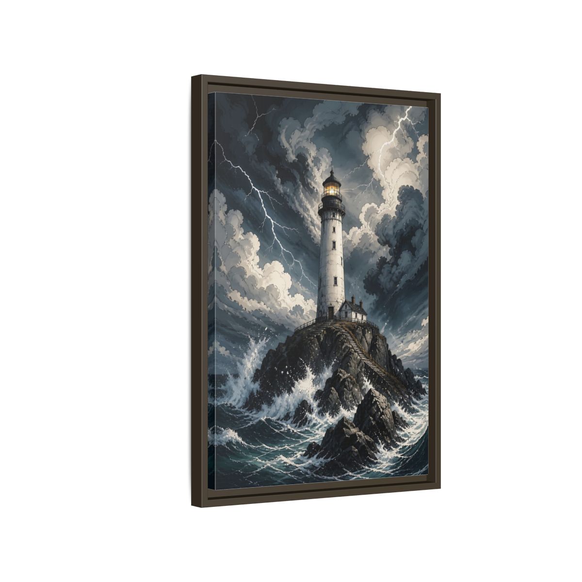 Nature Lighthouse Stormy Framed Canvas Wall Art - Illustrative Decor for Living Room, Above Console Table shown as canvas wall art