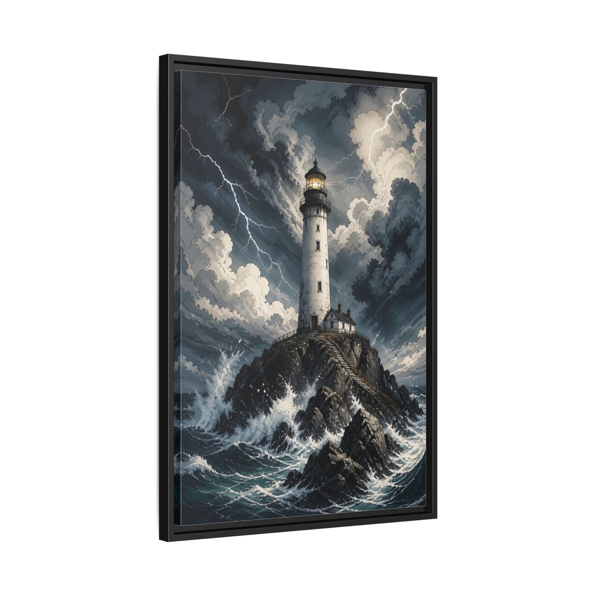 Nature Lighthouse Stormy Framed Canvas Wall Art - Illustrative Decor for Living Room, Above Console Table shown as canvas wall art