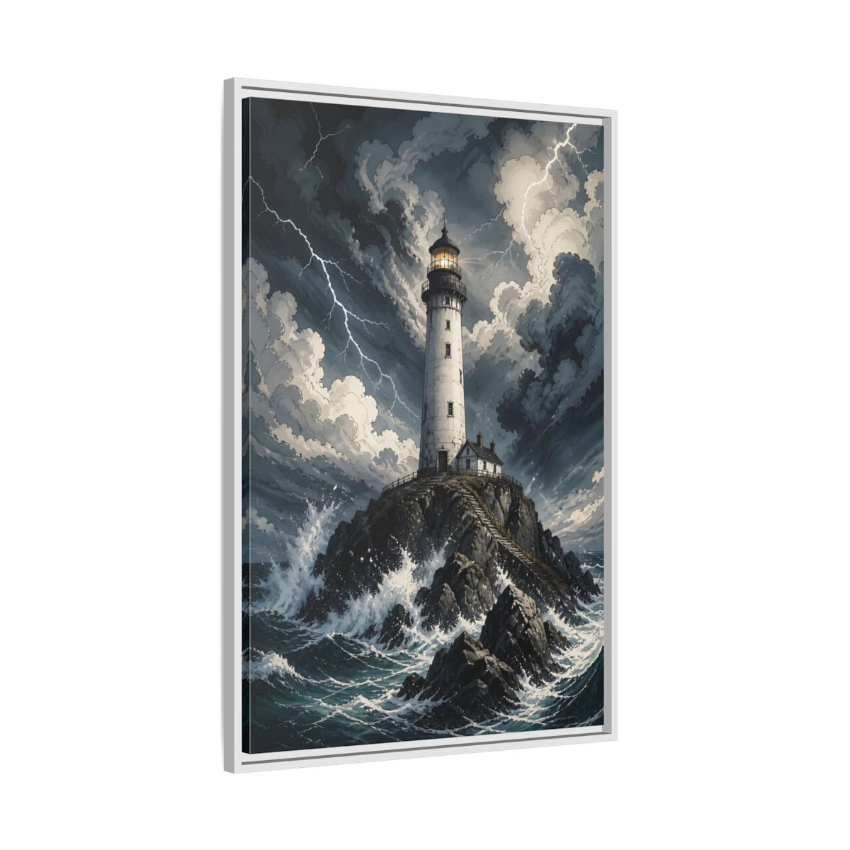 Nature Lighthouse Stormy Framed Canvas Wall Art - Illustrative Decor for Living Room, Above Console Table shown as canvas wall art