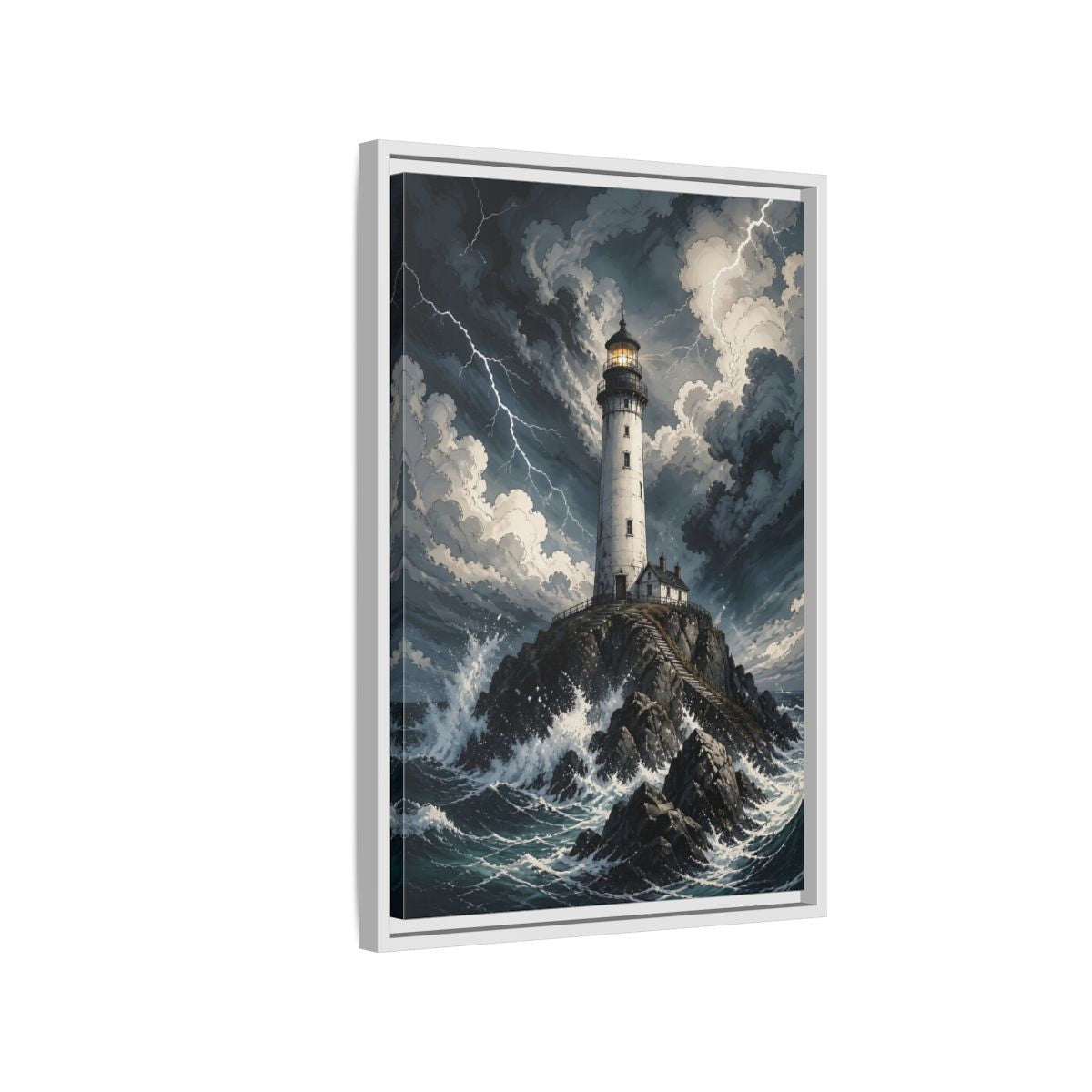 Nature Lighthouse Stormy Framed Canvas Wall Art - Illustrative Decor for Living Room, Above Console Table shown as canvas wall art