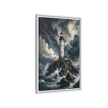 Nature Lighthouse Stormy Framed Canvas Wall Art - Illustrative Decor for Living Room, Above Console Table shown as canvas wall art