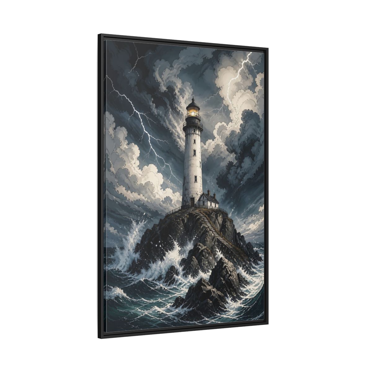 Nature Lighthouse Stormy Framed Canvas Wall Art - Illustrative Decor for Living Room, Above Console Table shown as canvas wall art