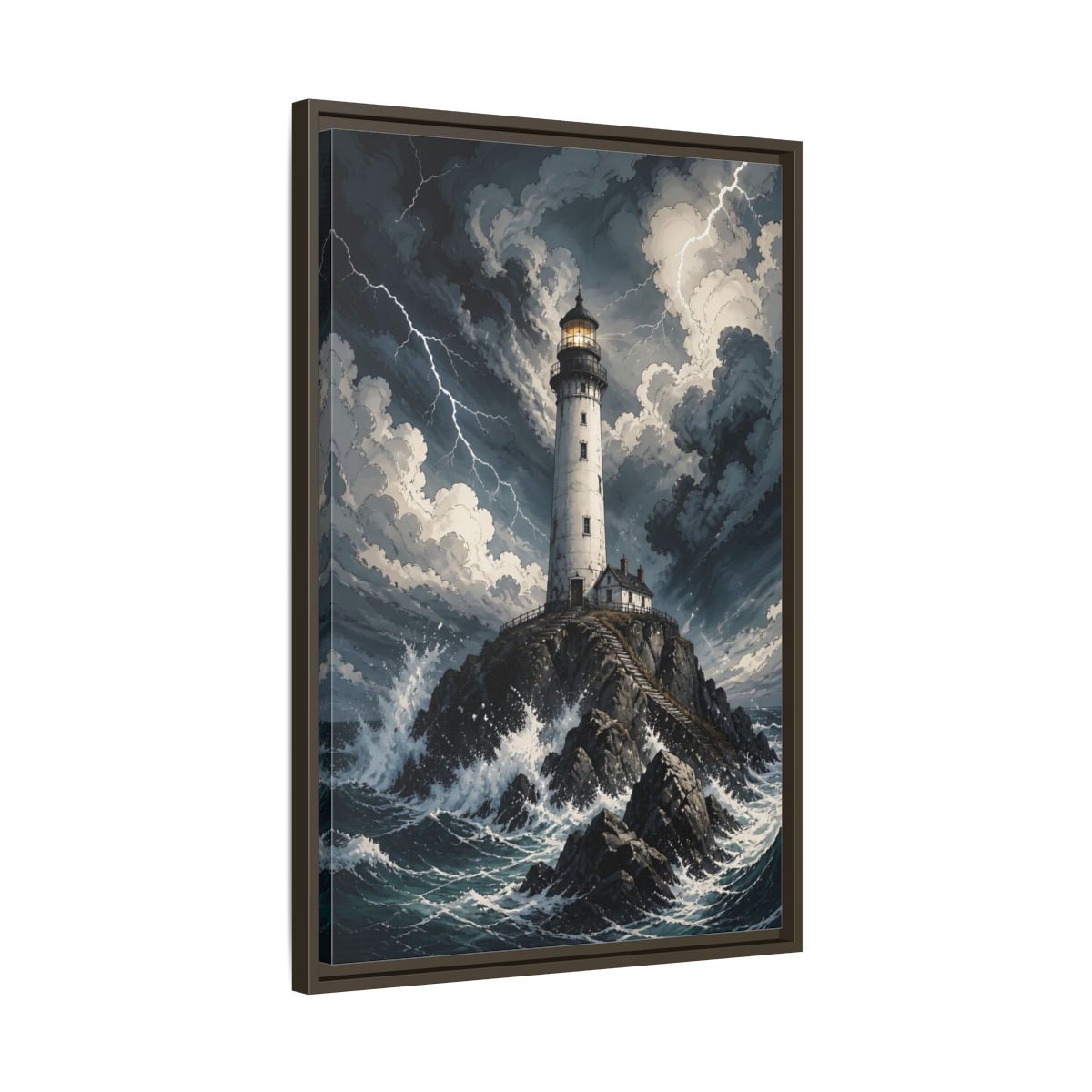 Nature Lighthouse Stormy Framed Canvas Wall Art - Illustrative Decor for Living Room, Above Console Table shown as canvas wall art