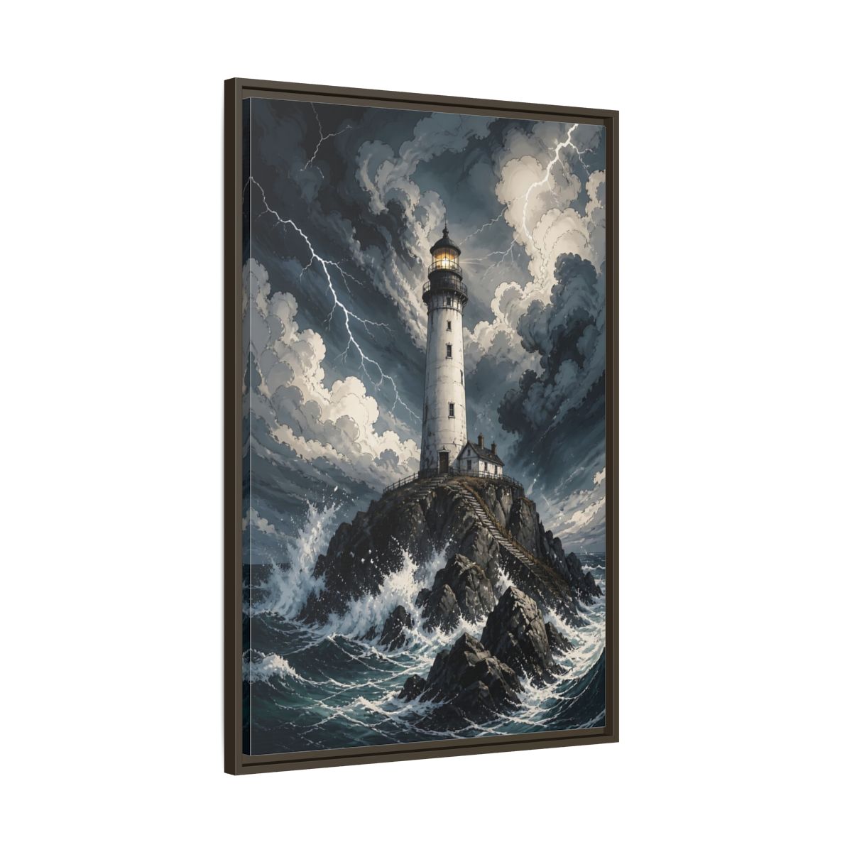 Nature Lighthouse Stormy Framed Canvas Wall Art - Illustrative Decor for Living Room, Above Console Table shown as canvas wall art