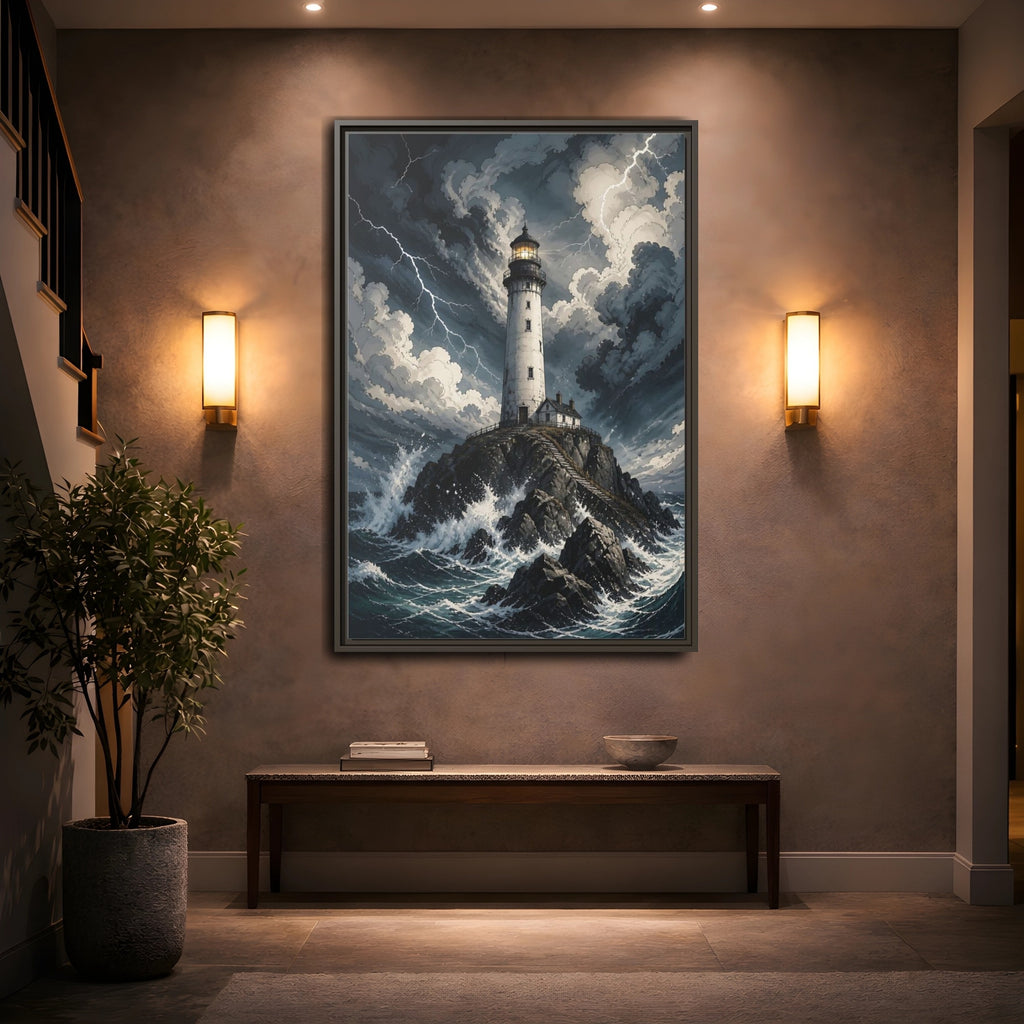 Mockup 2. Nature Lighthouse Stormy Lighthouse shown as stretched canvas wall art