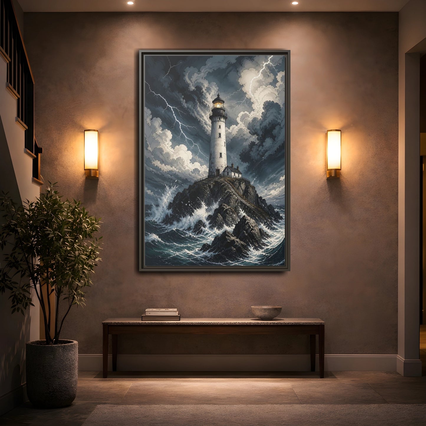 Nature Lighthouse Stormy Framed Canvas Wall Art - Illustrative Decor for Living Room, Above Console Table shown as canvas wall art