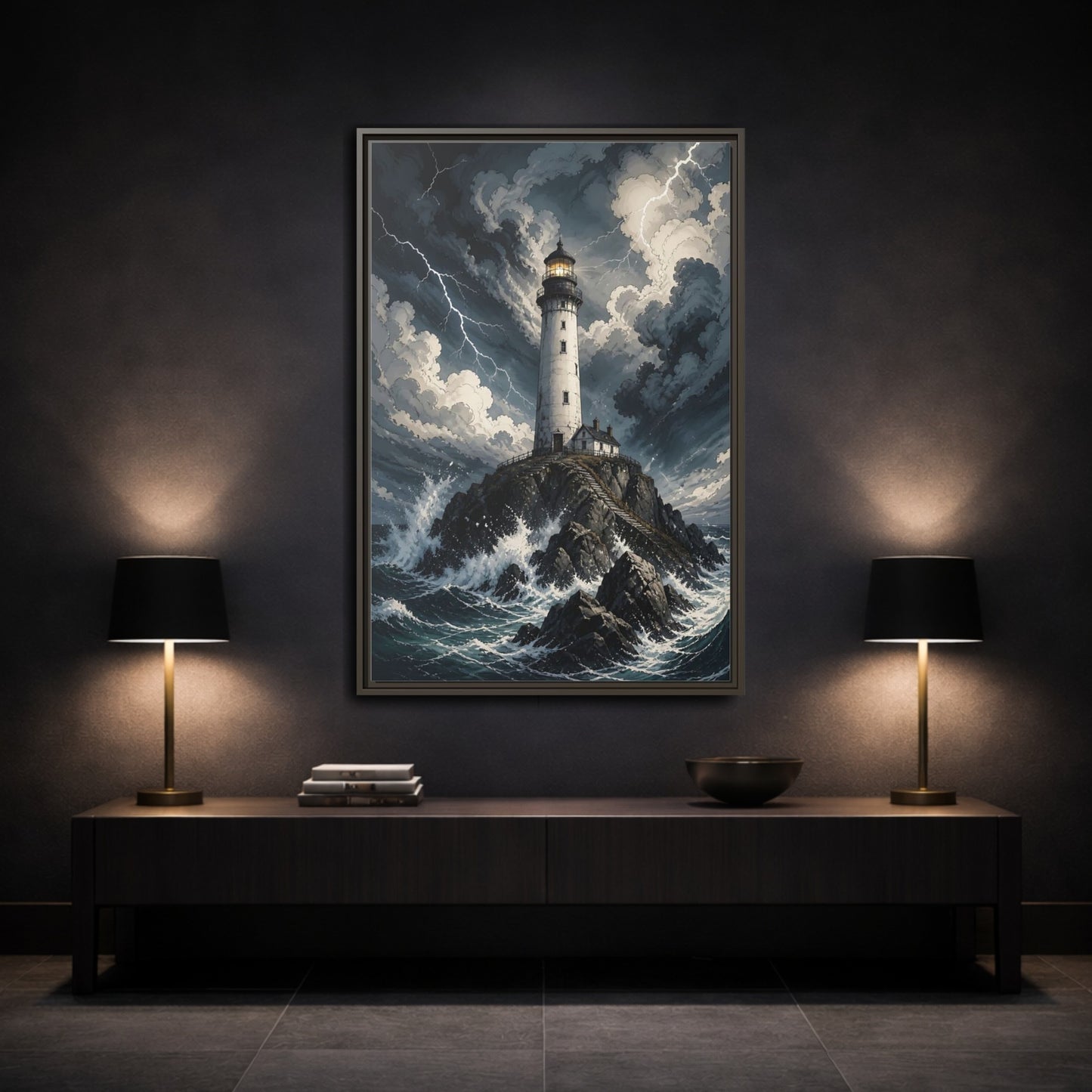 Nature Lighthouse Stormy Framed Canvas Wall Art - Illustrative Decor for Living Room, Above Console Table shown as canvas wall art