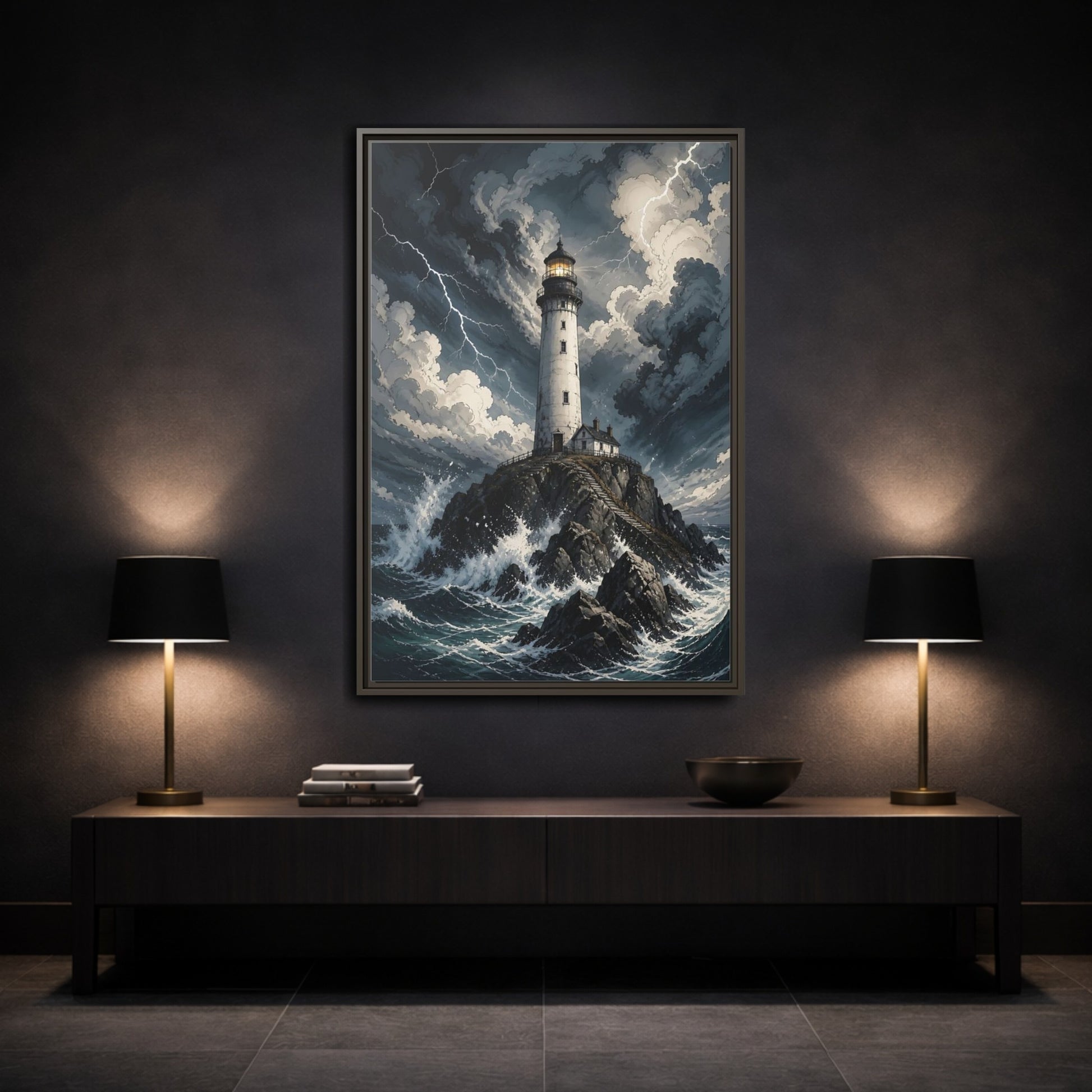 Nature Lighthouse Stormy Framed Canvas Wall Art - Illustrative Decor for Living Room, Above Console Table shown as canvas wall art
