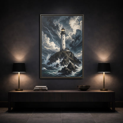 Nature Lighthouse Stormy Framed Canvas Wall Art - Illustrative Decor for Living Room, Above Console Table shown as canvas wall art