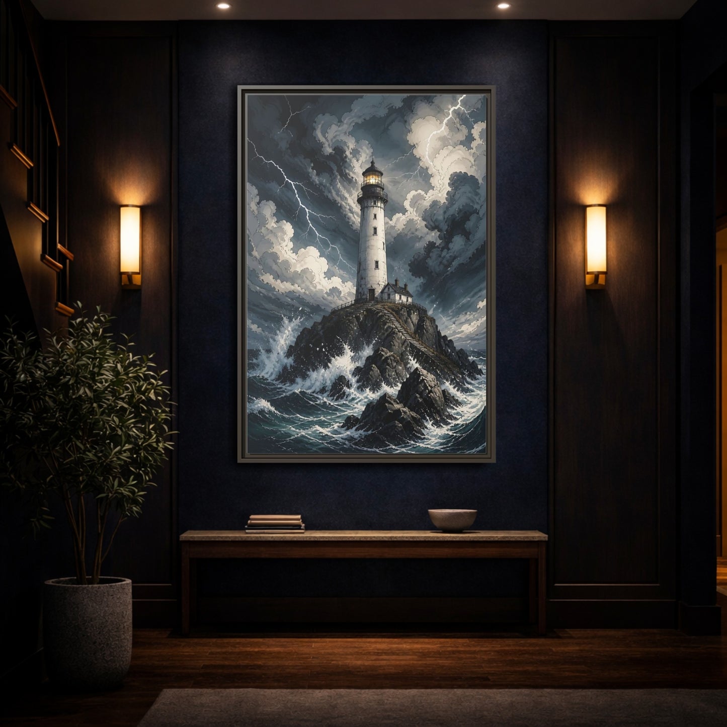 Nature Lighthouse Stormy Framed Canvas Wall Art - Illustrative Decor for Living Room, Above Console Table shown as canvas wall art
