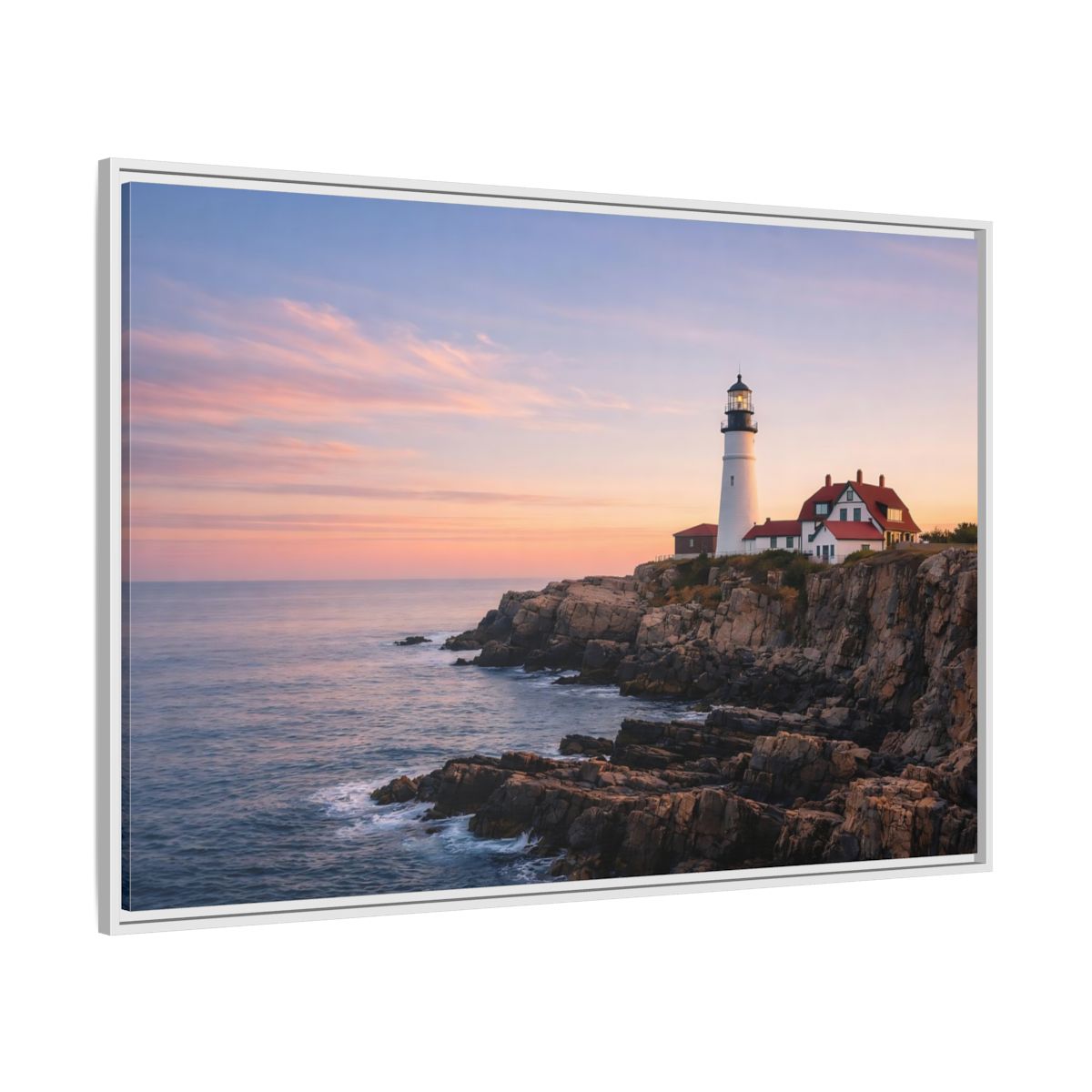 Side Mockup 7. Nature Lighthouse Lighthouse Sunset shown as stretched canvas wall art