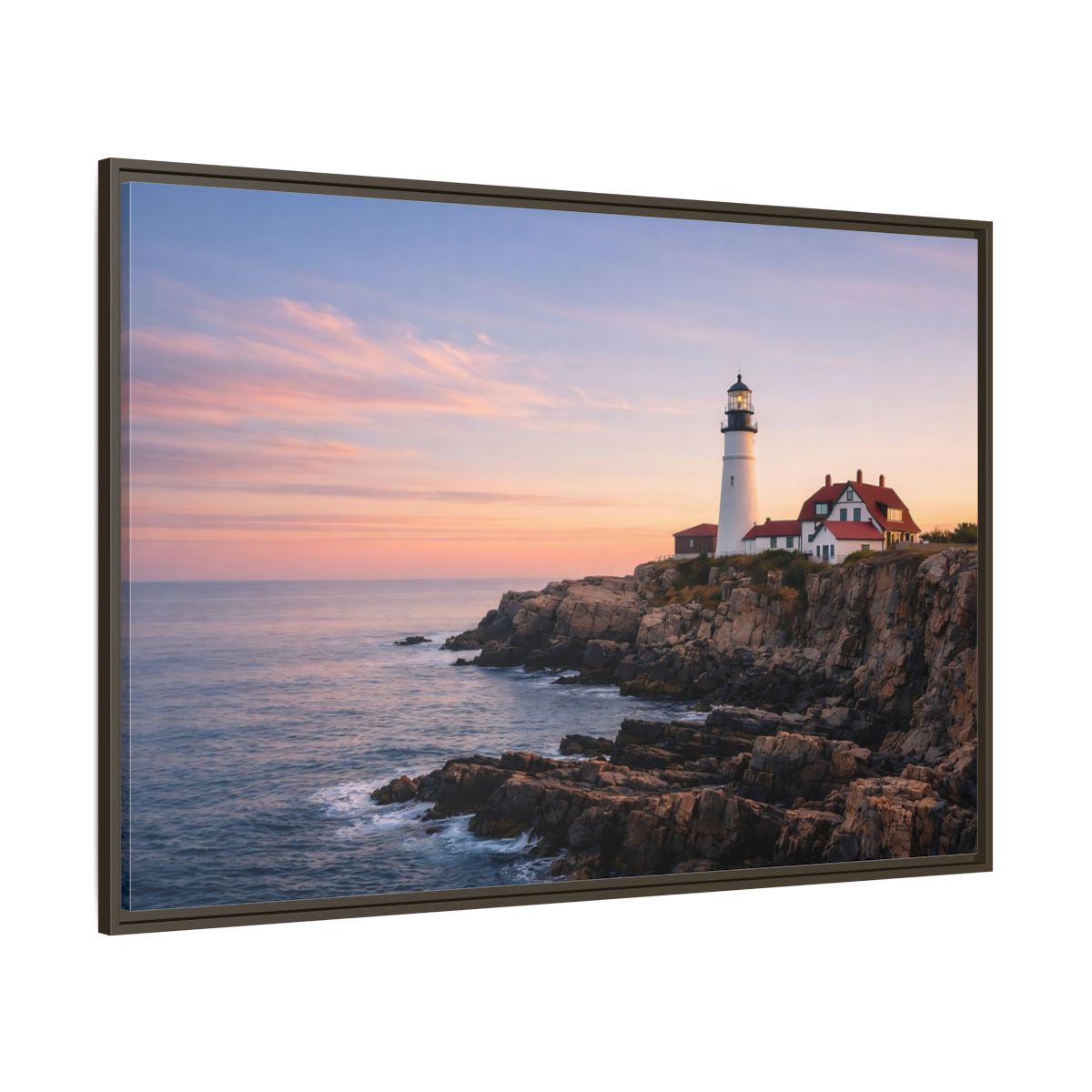 Side Mockup 8. Nature Lighthouse Lighthouse Sunset shown as stretched canvas wall art