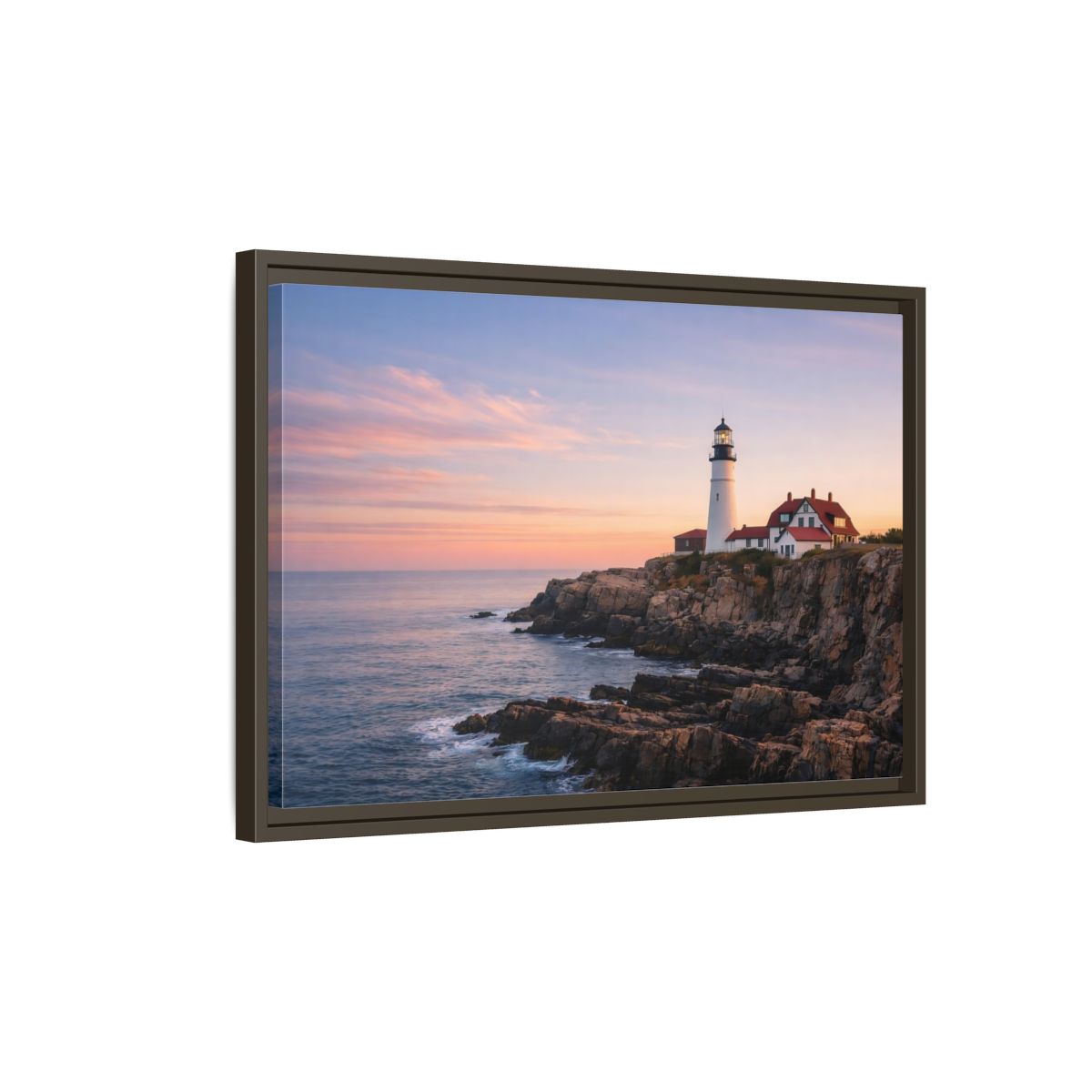 Side Mockup 2. Nature Lighthouse Lighthouse Sunset shown as stretched canvas wall art