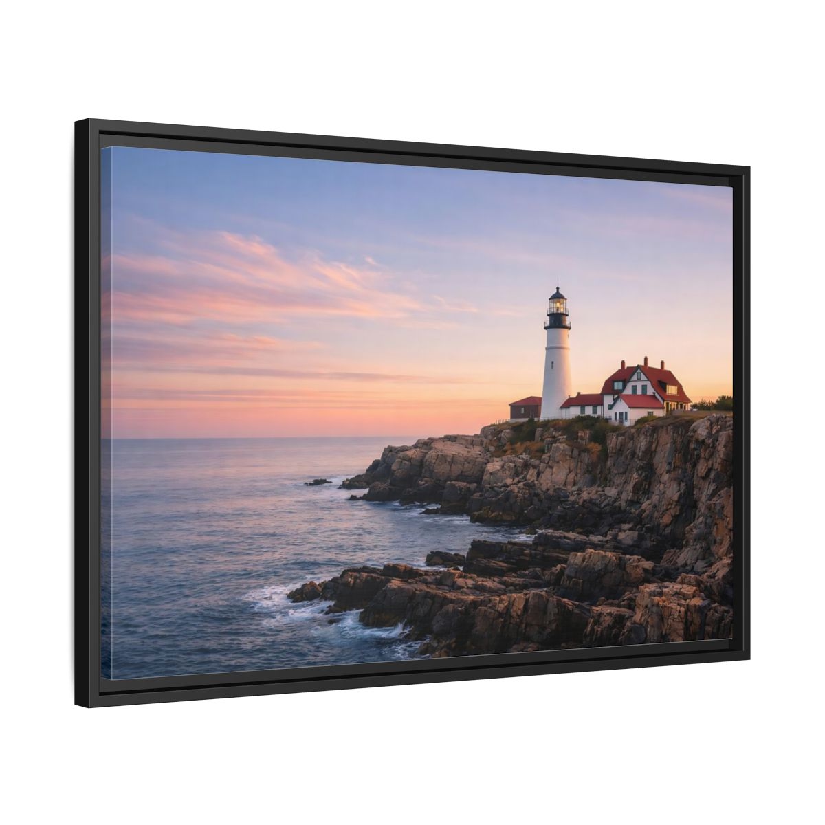 Side Mockup 14. Nature Lighthouse Lighthouse Sunset shown as stretched canvas wall art