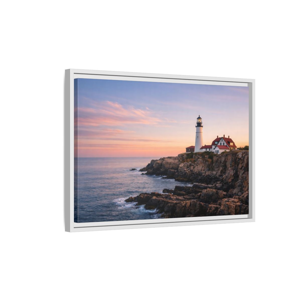 Side Mockup 1. Nature Lighthouse Lighthouse Sunset shown as stretched canvas wall art