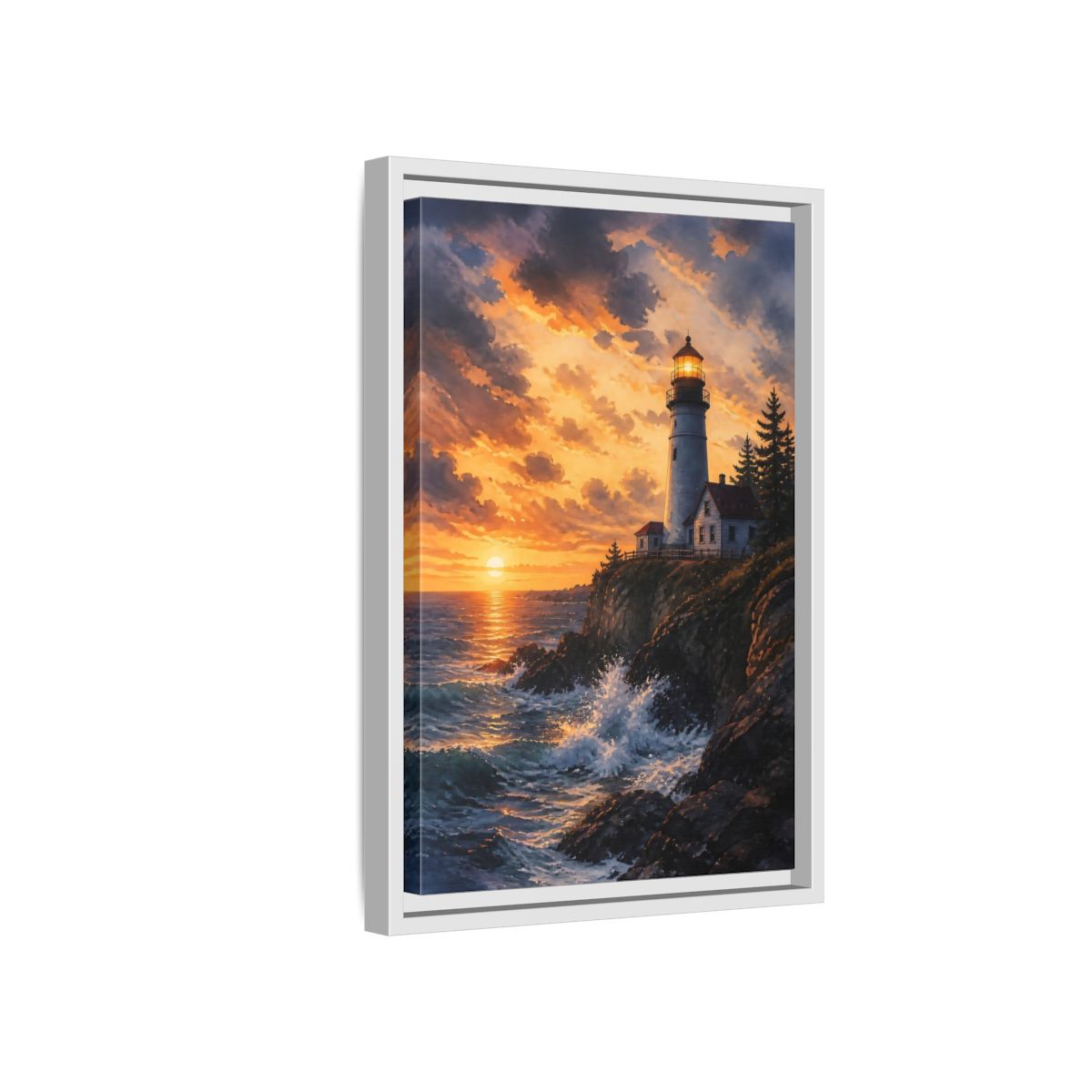 Side Mockup 4. Nature Lighthouse Lighthouse Sunset shown as stretched canvas wall art
