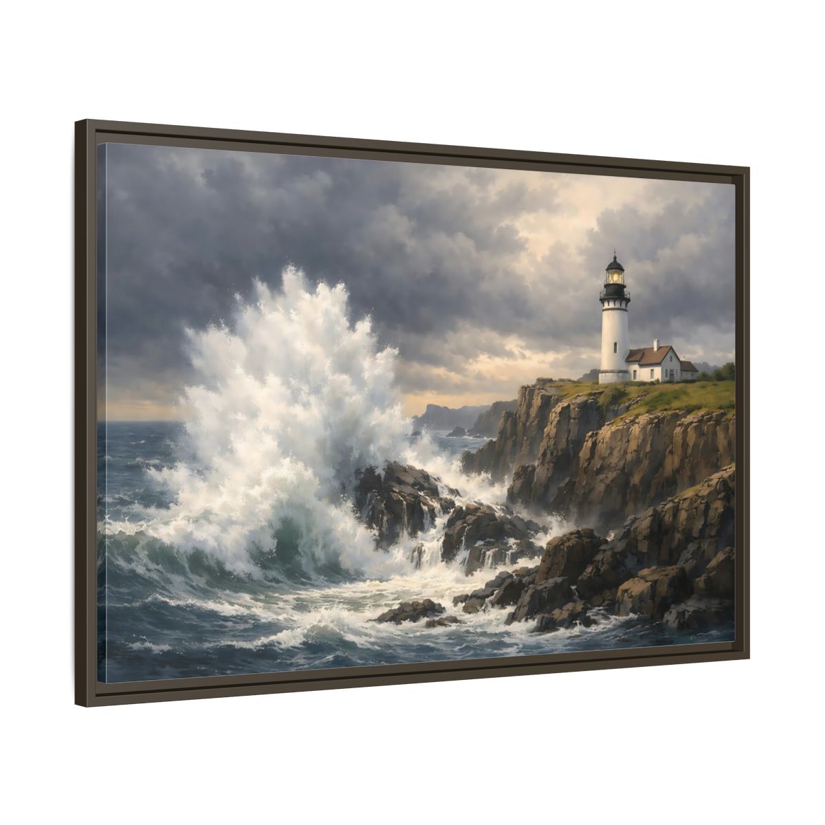 Main Mockup. Nature Lighthouse Waves Coastal Storm shown as stretched canvas wall art