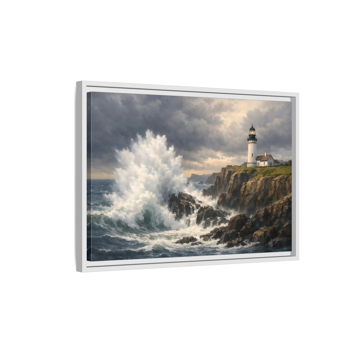 Side Mockup 1. Nature Lighthouse Waves Coastal Storm shown as stretched canvas wall art