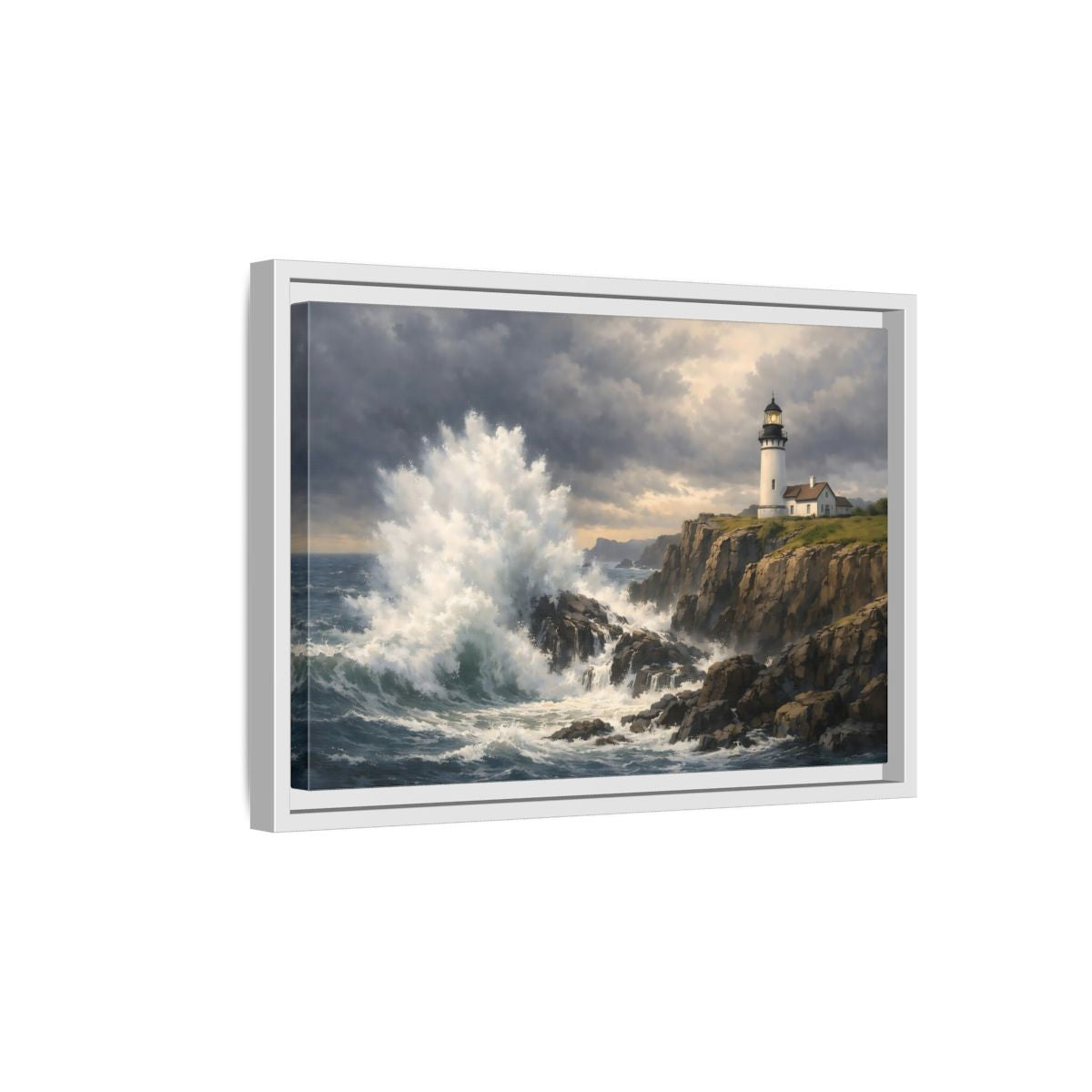 Side Mockup 4. Nature Lighthouse Waves Coastal Storm shown as stretched canvas wall art