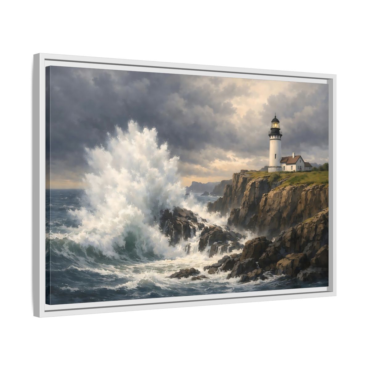 Side Mockup 10. Nature Lighthouse Waves Coastal Storm shown as stretched canvas wall art