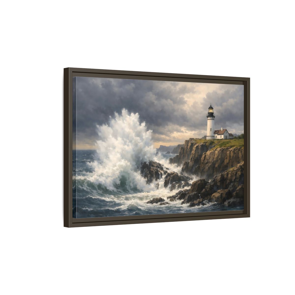 Side Mockup 2. Nature Lighthouse Waves Coastal Storm shown as stretched canvas wall art