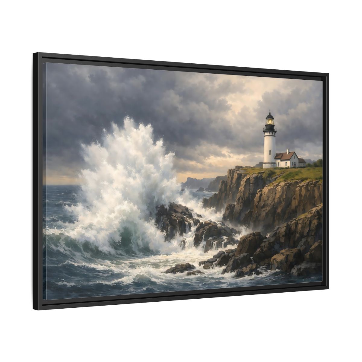 Side Mockup 13. Nature Lighthouse Waves Coastal Storm shown as stretched canvas wall art