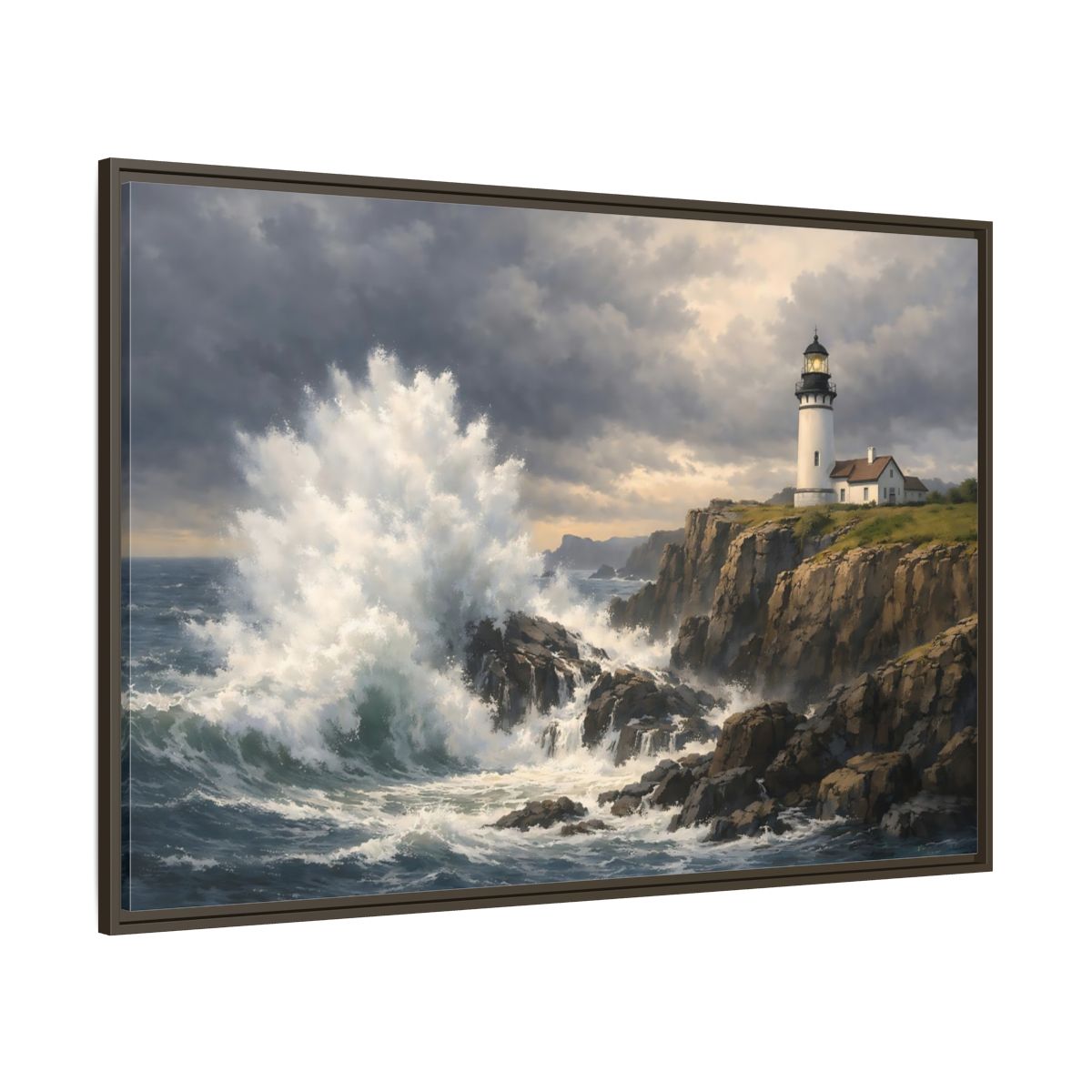 Side Mockup 8. Nature Lighthouse Waves Coastal Storm shown as stretched canvas wall art